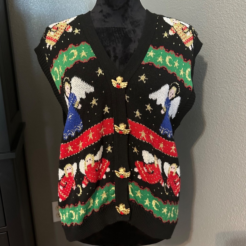 VTG Sweater Loft Christmas Vest Womens L Black Angel Holiday Ugly Sweater USA